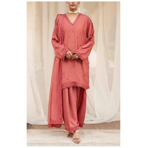 Mannat Burnt Orange Embroidered Emery Silk Shirt Bottom Dupatta Set Size XL NWT